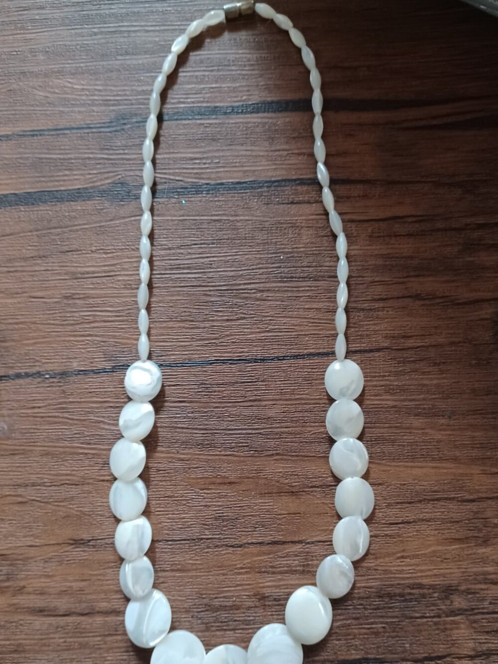 Vintage Mother of Pearl Coin & Rice Bead Necklace Iridescent